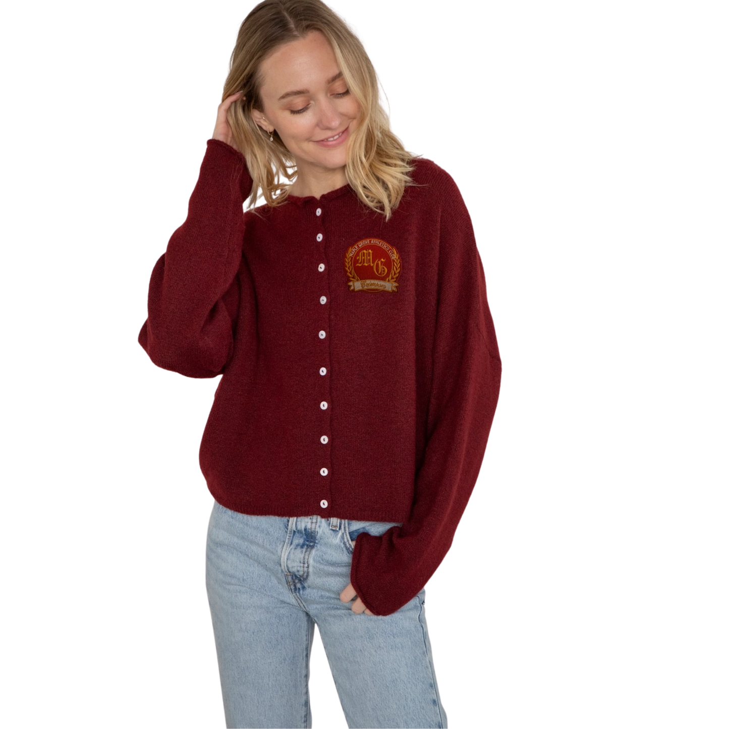 Women's Maroon Cardigan Sweater with Custom Maple Grove Patch