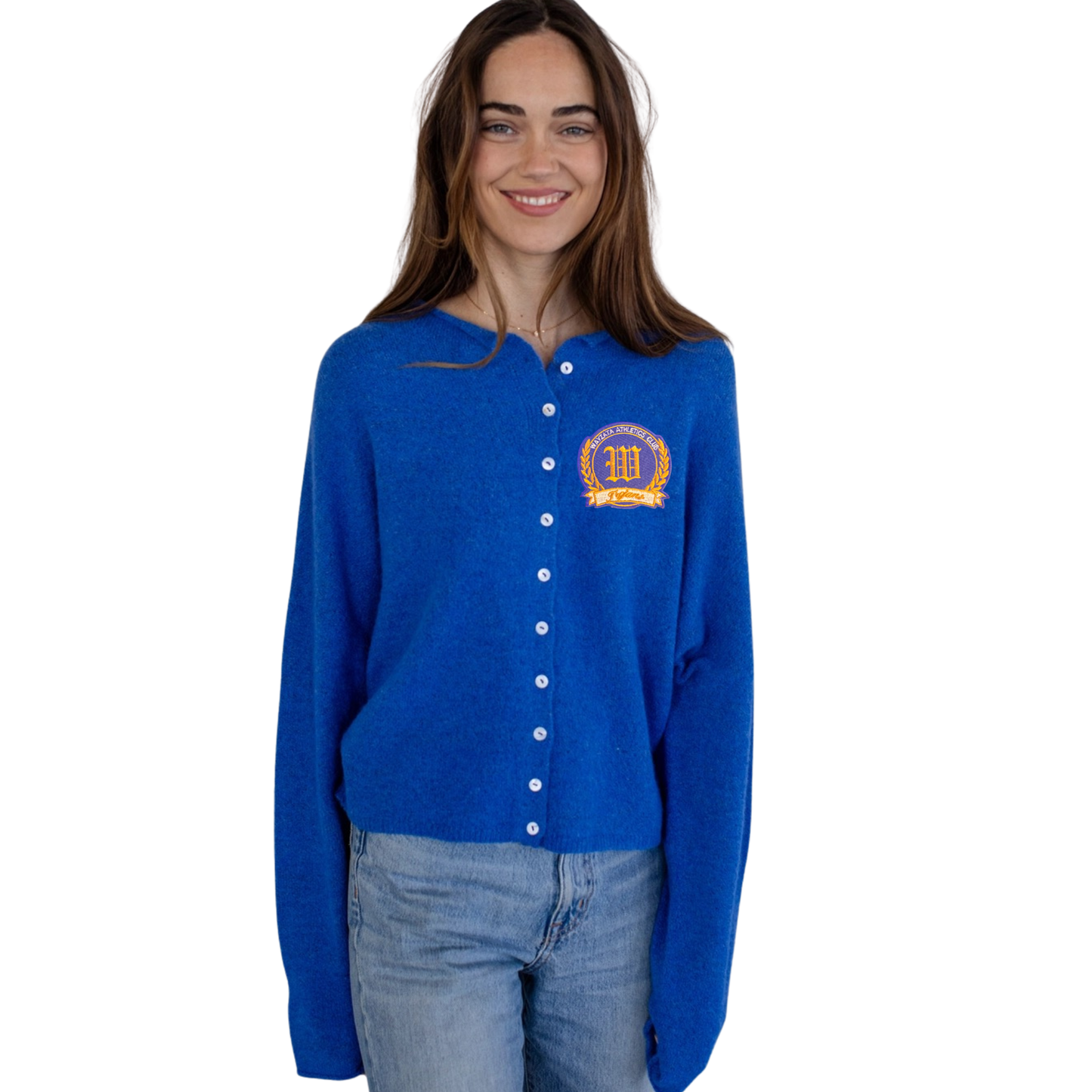 Women's Blue Cardigan with Custom Patch